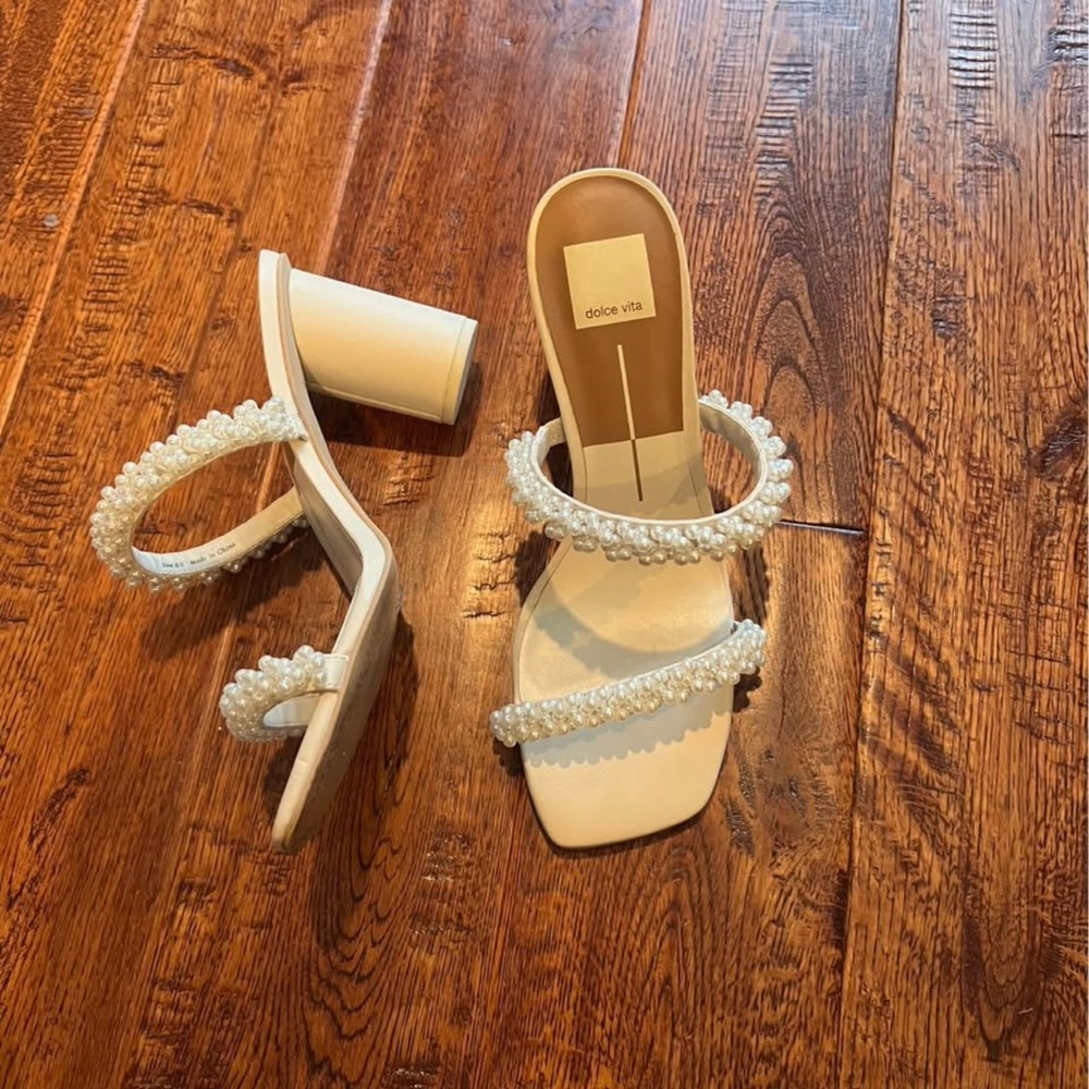 Dolce Vita Ivory Pearl Two-Strap Block Heel Sandals